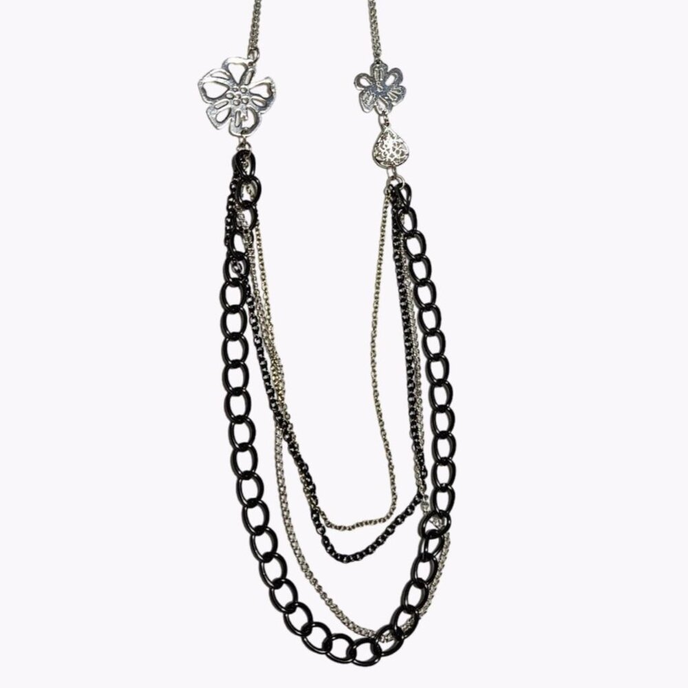 Elegant Silver Tone Multi Strand Chain Floral Statement Necklace Fashion Jewelry